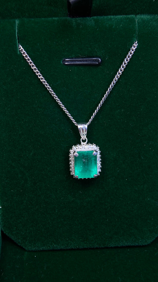 Pt900 platinum&Emerald&Diamond Necklace| Emerald: 3.34ct｜Diamonds：0.26ct｜Japanese Vintage Estate Jewelry -BMGY