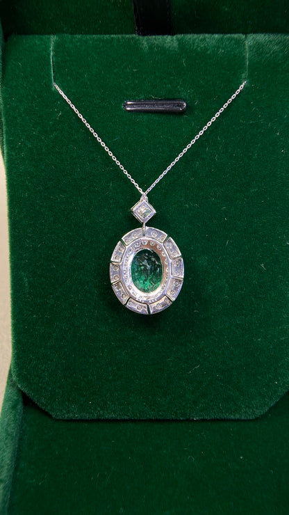 Pt900 platinum/Pt850 platinum&Emerald&Diamond Necklace| Emerald: 2.90ct｜Diamond：0.483ct G-VS2｜Diamonds: 0.81ct｜Japanese Vintage Estate Jewelry -BQEO