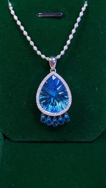 750‰ White Gold/K18 White Gold&Blue Topaz&Diamond Necklace| Blue Topaz: 23.12ct｜Diamonds：0.21ct｜Japanese Vintage Estate Jewelry -BPGM