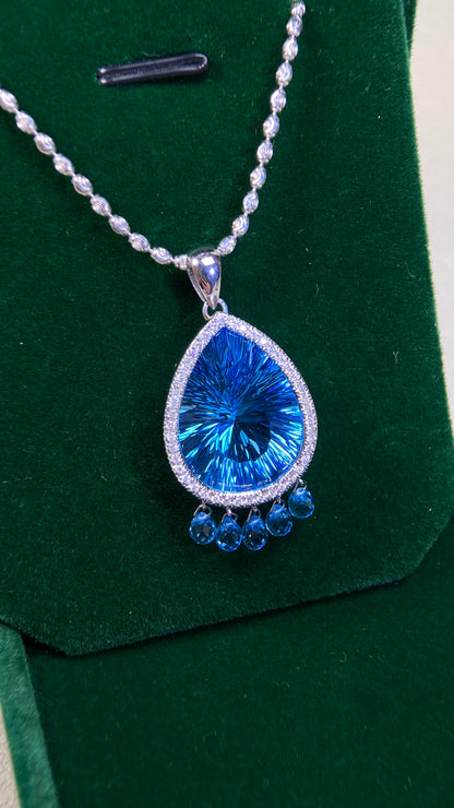 750‰ White Gold/K18 White Gold&Blue Topaz&Diamond Necklace| Blue Topaz: 23.12ct｜Diamonds：0.21ct｜Japanese Vintage Estate Jewelry -BPGM