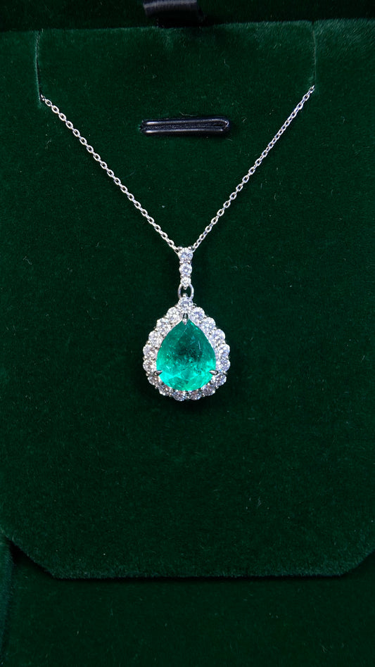Pt900 platinum/Pt850 platinum&Emerald&Diamond Necklace| Emerald: 2.787ct Colombian｜Diamonds：0.74ct｜Japanese Vintage Estate Jewelry -BQUB