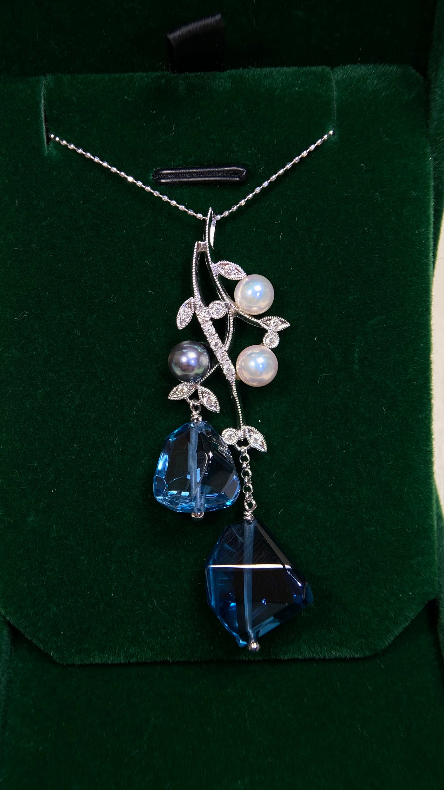 K18 White Gold& Blue Topaz&Pearl&Diamond Necklace| Blue Topazes: 27.18ct｜Pearls:5.9mm|Diamonds：0.18ct｜Japanese Vintage Estate Jewelry -BOYB