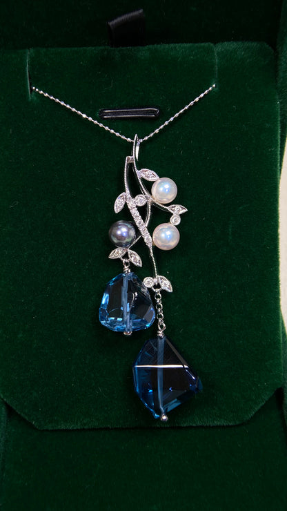 K18 White Gold& Blue Topaz&Pearl&Diamond Necklace| Blue Topazes: 27.18ct｜Pearls:5.9mm|Diamonds：0.18ct｜Japanese Vintage Estate Jewelry -BOYB