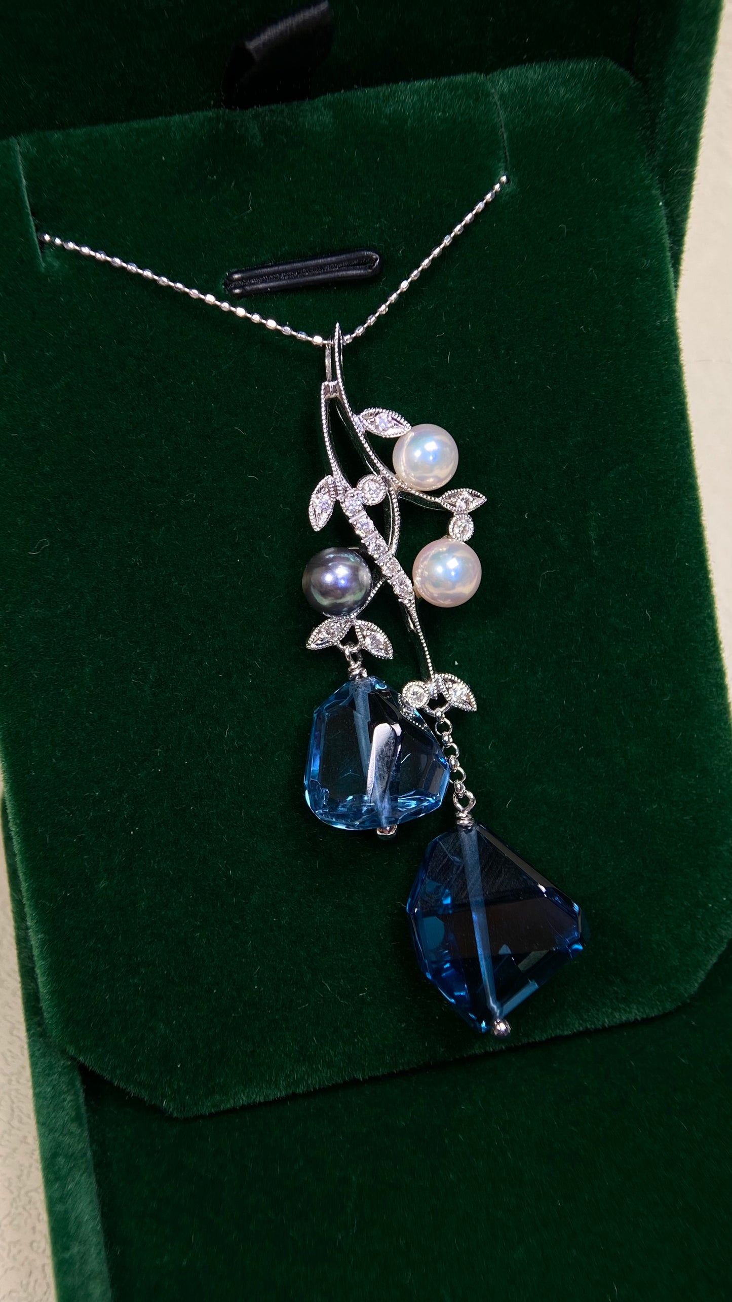 K18 White Gold& Blue Topaz&Pearl&Diamond Necklace| Blue Topazes: 27.18ct｜Pearls:5.9mm|Diamonds：0.18ct｜Japanese Vintage Estate Jewelry -BOYB