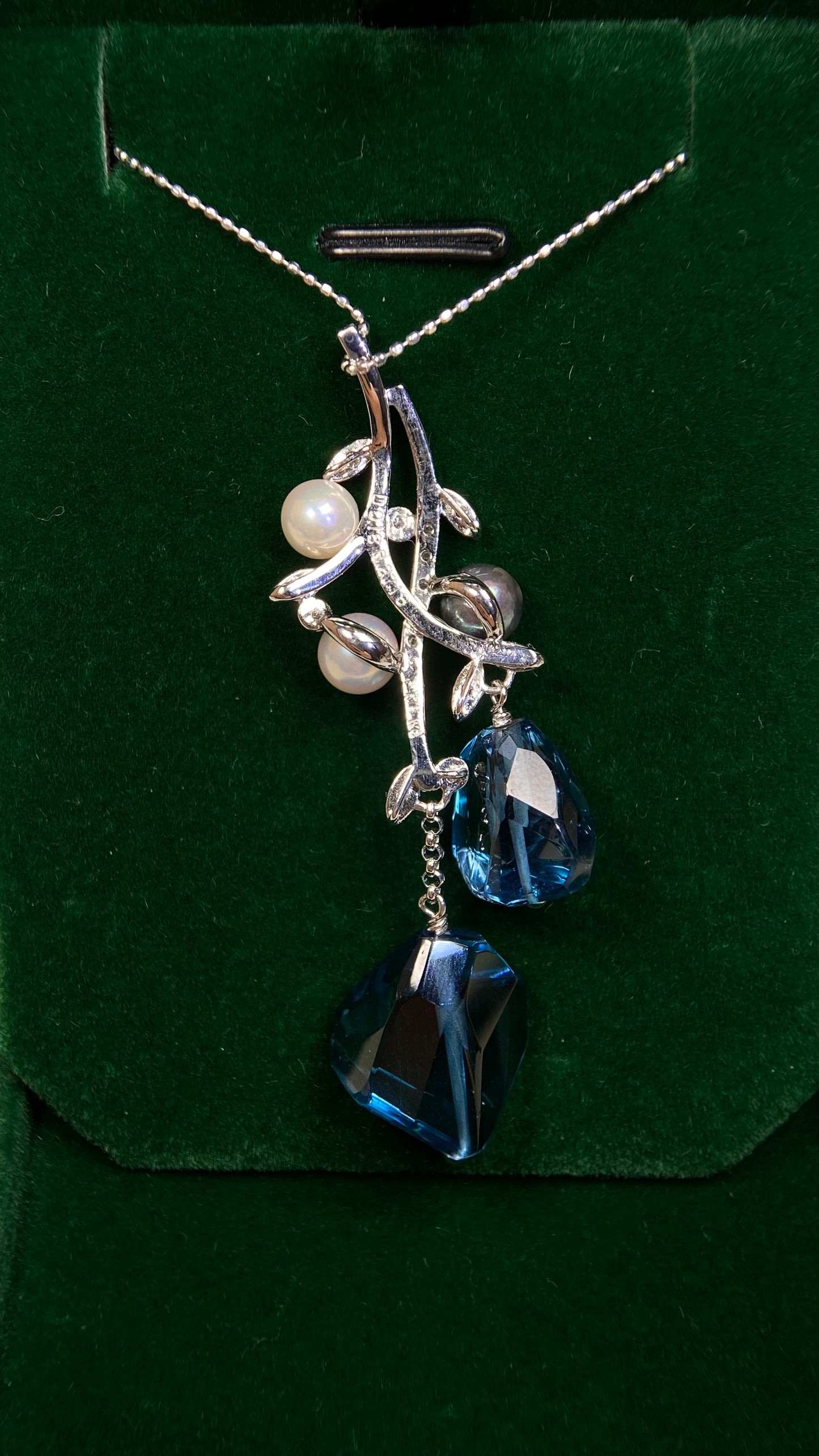 K18 White Gold& Blue Topaz&Pearl&Diamond Necklace| Blue Topazes: 27.18ct｜Pearls:5.9mm|Diamonds：0.18ct｜Japanese Vintage Estate Jewelry -BOYB