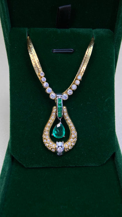 K18 Gold/Pt900 platinum&Emerald&Diamond Necklace| Emerald: 1.55ct｜Emeralds:0.32 ct｜Diamonds：0.70ct｜Japanese Vintage Estate Jewelry -BQBR