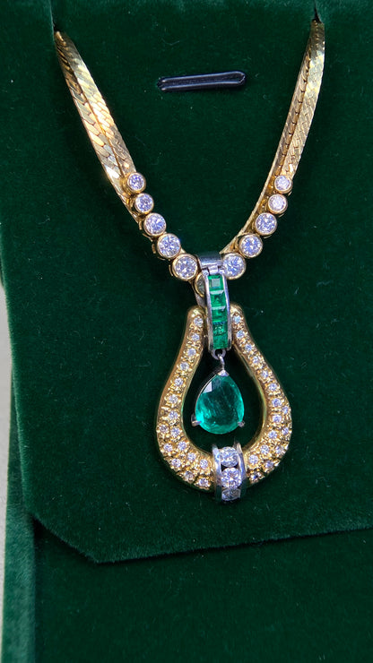 K18 Gold/Pt900 platinum&Emerald&Diamond Necklace| Emerald: 1.55ct｜Emeralds:0.32 ct｜Diamonds：0.70ct｜Japanese Vintage Estate Jewelry -BQBR