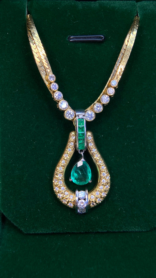 K18 Gold/Pt900 platinum&Emerald&Diamond Necklace| Emerald: 1.55ct｜Emeralds:0.32 ct｜Diamonds：0.70ct｜Japanese Vintage Estate Jewelry -BQBR