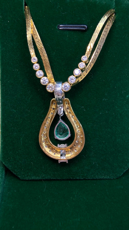 K18 Gold/Pt900 platinum&Emerald&Diamond Necklace| Emerald: 1.55ct｜Emeralds:0.32 ct｜Diamonds：0.70ct｜Japanese Vintage Estate Jewelry -BQBR