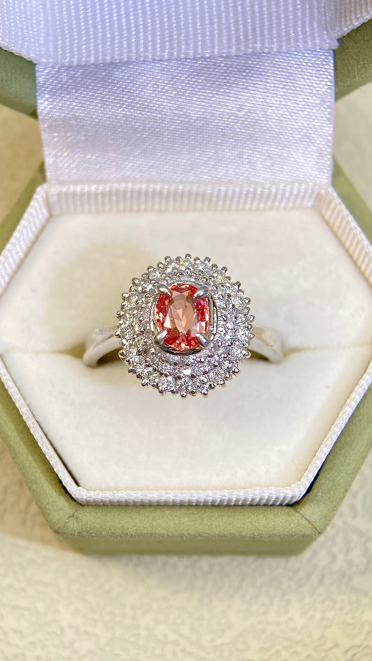 Pt900 Platinum&Padparadscha Sapphire&Diamond Ring| Padparadscha Sapphire:0.746ct | Diamonds：0.64ct | Japanese Vintage Estate Jewelry -BSDL2868