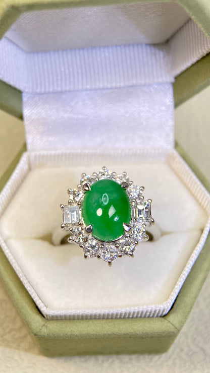 Pt900 platinum&Jadeit&Diamond Ring|Jadeite: 3.39ct｜Diamonds：1.368ct｜Japanese Vintage Estate Jewelry -BRRU2516