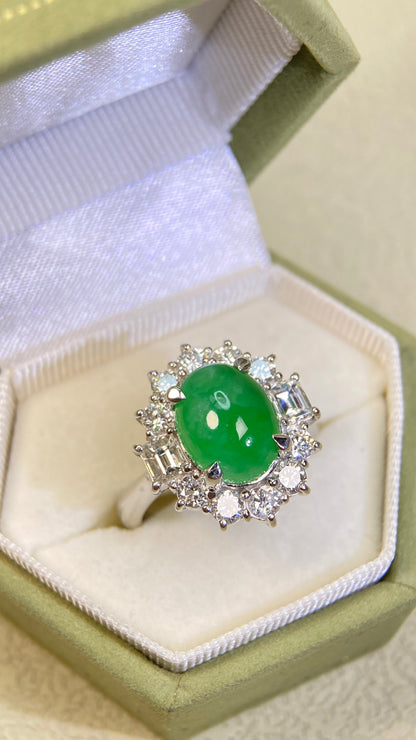 Pt900 platinum&Jadeit&Diamond Ring|Jadeite: 3.39ct｜Diamonds：1.368ct｜Japanese Vintage Estate Jewelry -BRRU2516