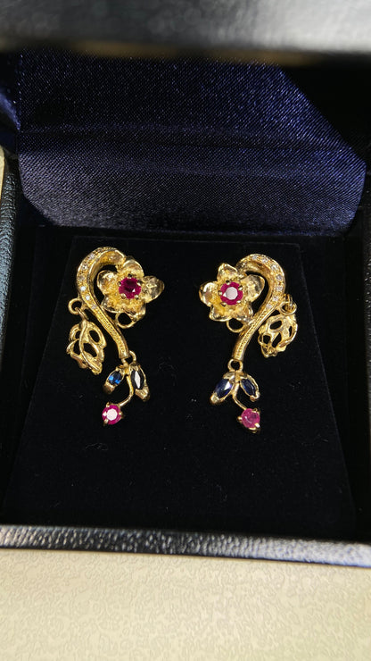 18K Gold&Diamond&Sapphire&Ruby Earrings| Diamonds | Sapphires | Rubies| Japanese Vintage Estate Jewelry -BSAB2738