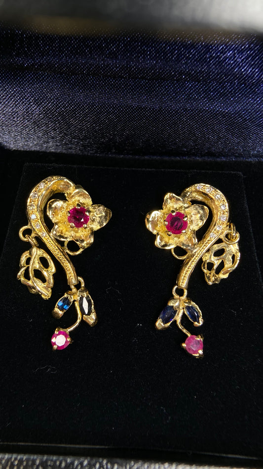 18K Gold&Diamond&Sapphire&Ruby Earrings| Diamonds | Sapphires | Rubies| Japanese Vintage Estate Jewelry -BSAB2738
