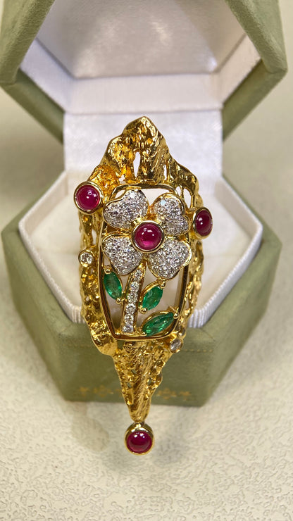 18K Gold&Ruby&Emerald&Diamond Ring| Rubies | Emeralds｜Diamonds | Japanese Vintage Estate Jewelry -BRWJ2641