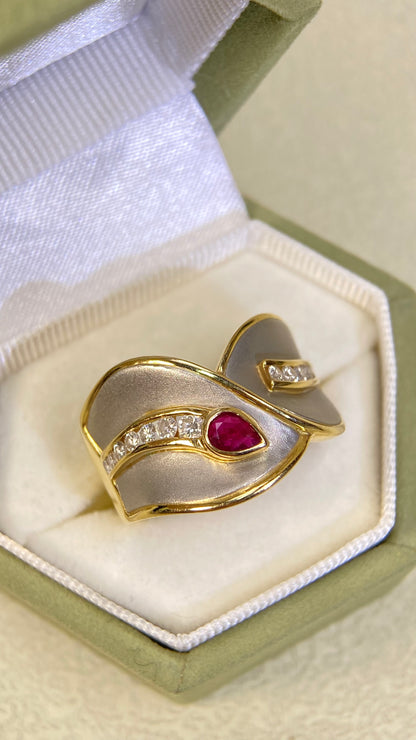 K18 Gold/Pt900Platinum&Ruby&Diamond Ring| Ruby: 0.26ct｜Diamonds: 0.27ct | Japanese Vintage Estate Jewelry -BSIL3042