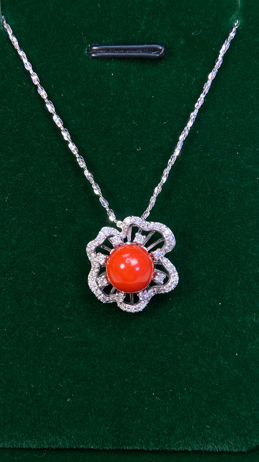 K18  White Gold&Coral&Diamond Necklace| Coral ｜Diamonds：0.29ct｜Japanese Vintage Estate Jewelry -BRRR2513