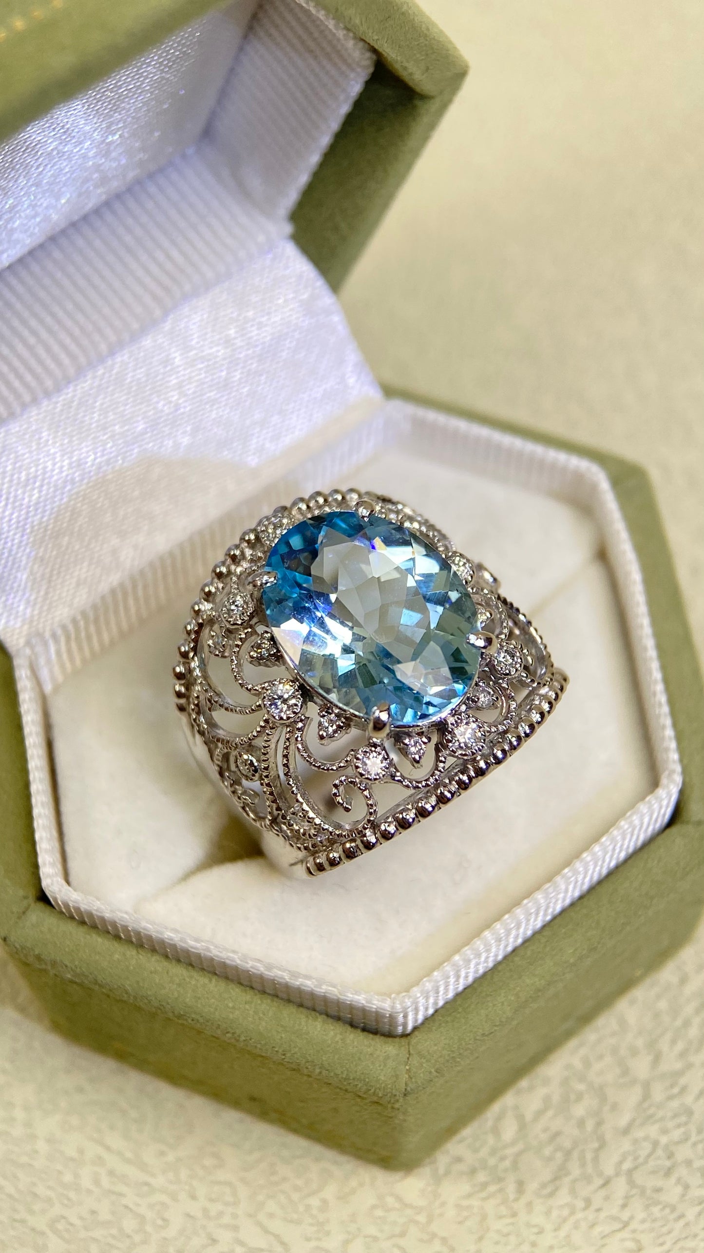K18 Gold&Aquamarine&Diamond Ring| Aquamarine：4.25ct | Diamonds：0.18ct | Japanese Vintage Estate Jewelry -BSKP3099