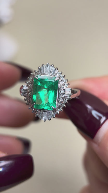 Pt900プラチナ＆エメラルド＆ダイヤモンドリング｜エメラルド2.91カラット｜ダイヤモンド0.47カラット｜日本のヴィンテージエステートジュエリー-BAAJ