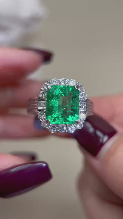Pt900 Platinum&Emerald and Diamond Ring | Emerald 3.48ct | Diamond 1.03ct | Japanese Vintage Estate Jewelry-AIBR