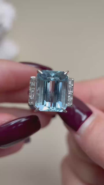 Pt900 Platinum& Aquamarine and Diamond Ring | Aquamarine 10.01ct | Diamond 0.46ct | Japanese Vintage Estate Jewelry-BPSZ