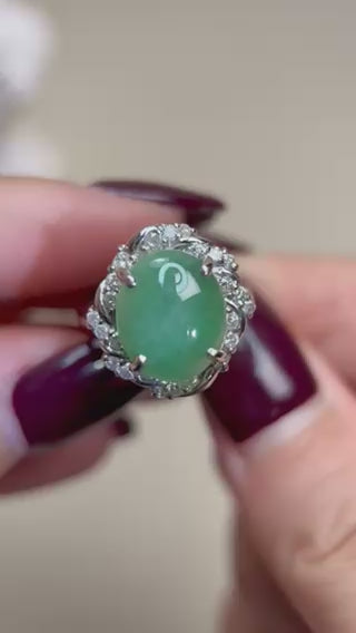 Pt900 Platinum&Jadeite and Diamond Ring | Jadeite 4.00ct | Diamond 0.45ct | Japanese Vintage Estate Jewelry-BPLS