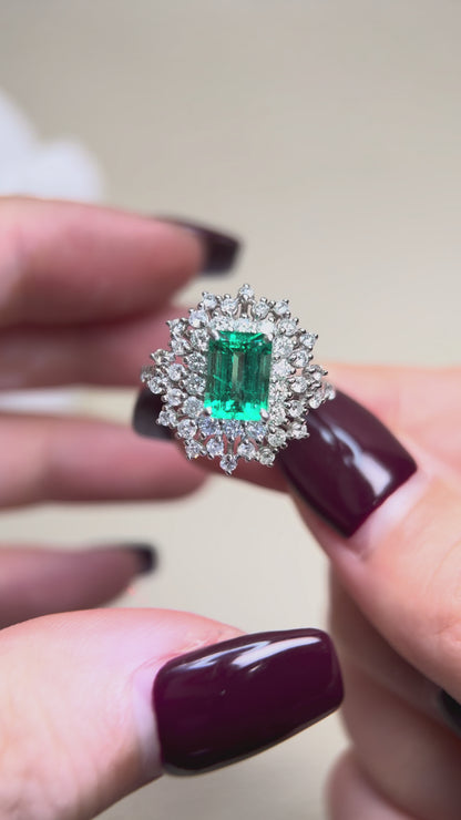 Pt950 Platinum&Emerald and Diamond Ring | Emerald 1.52ct | Diamond 1.04ct | F1-Colombia | Japanese Vintage Estate Jewelry-BFMJ