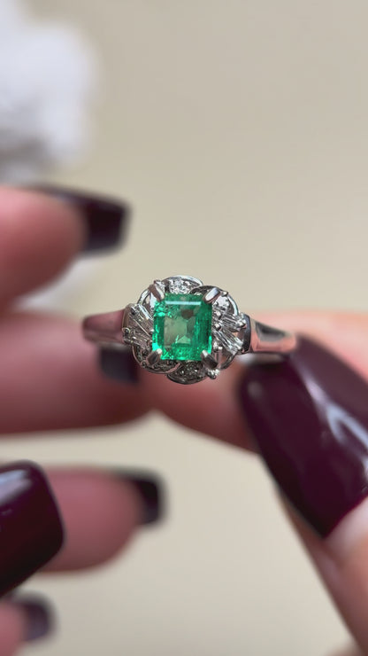 Pt850プラチナ＆エメラルド＆ダイヤモンドリング｜エメラルド0.41ct｜ダイヤモンド0.17ct｜日本製ヴィンテージエステートジュエリー-BPOH