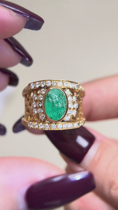 K18ゴールド＆エメラルドダイヤモンドリング｜エメラルド2.40ct、ダイヤモンド0.50ct｜日本製ヴィンテージエステートジュエリー-BPXL