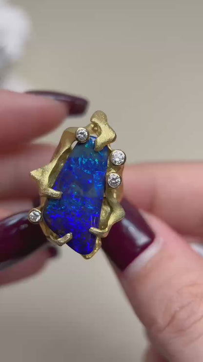 K18ゴールド＆ボルダーオパール＆ダイヤモンドリング｜ボルダーオパール 10.05ct｜ダイヤモンド 0.22ct｜日本製ヴィンテージエステートジュエリー-BKUP