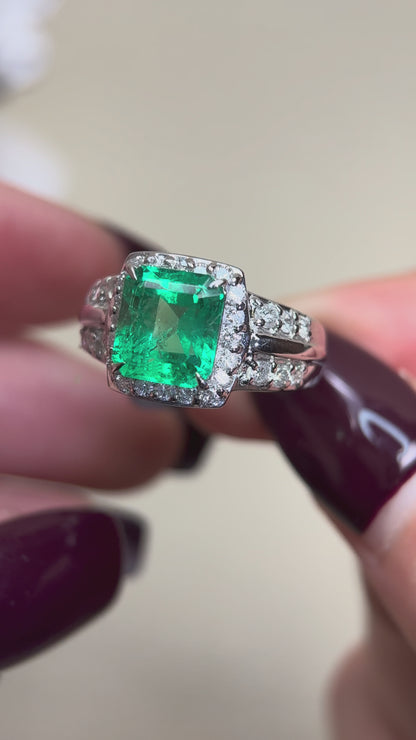 Pt900プラチナ＆エメラルド＆ダイヤモンドリング｜エメラルド2.72カラット｜ダイヤモンド0.70カラット｜日本製ヴィンテージエステートジュエリー-BFLW