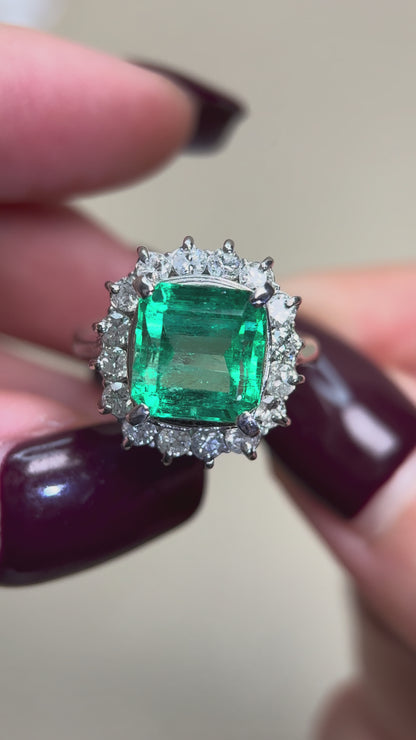 Pt900プラチナ＆エメラルド＆ダイヤモンドリング｜エメラルド4.25カラット｜ダイヤモンド1.00カラット｜日本製ヴィンテージエステートジュエリー-BPCS