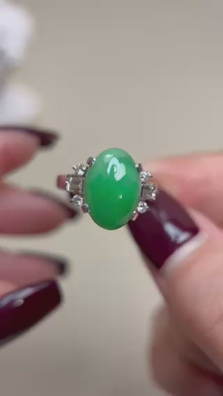 Pt850 Platinum&Jadeite and Diamond Ring | Jadeite 5.45ct | Diamond 0.37ct | Japanese Vintage Estate Jewelry-BPET