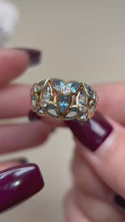 K18 Gold&Blue Topaz and Diamond Ring |Topaz 3.35ct | Diamond 0.199ct | Japanese Vintage Estate Jewelry-BPLX