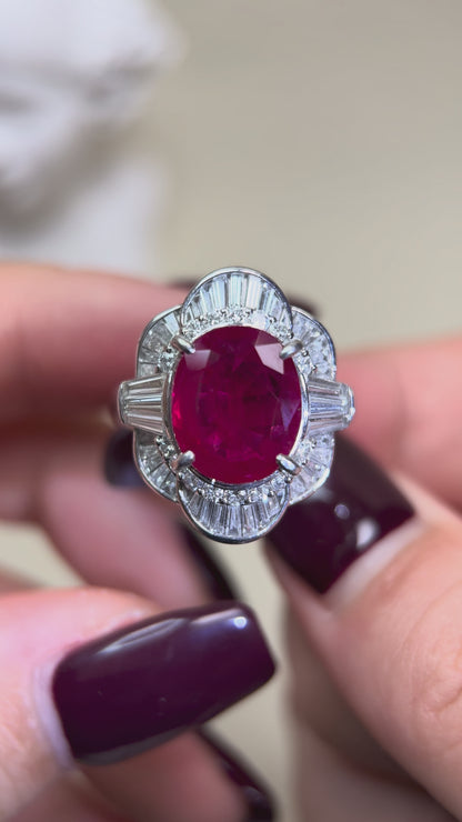 Pt900 Platinum&Ruby and Diamond Ring | Ruby 3.815ct | Diamond 1.31ct | Japanese Vintage Estate Jewelry-XMJH