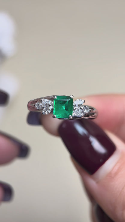 Pt900 Platinum&Emerald Diamond Ring | Emerald 0.47ct | Diamond 0.24ct | Japanese Vintage Estate Jewelry-BQDQ