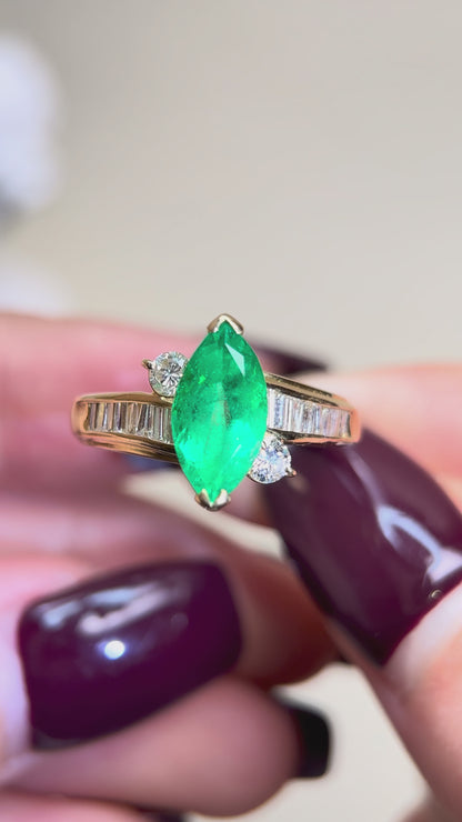 K18 Gold&Emerald Diamond Ring | Emerald 1.43ct | Diamond 0.50ct | Colombia-Vivid Green | Japanese Vintage Estate Jewelry-BPYE
