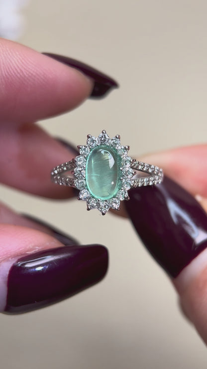 Pt950プラチナ＆キャッツアイクリソベリル＆ダイヤモンドリング｜キャッツアイクリソベリル1.406カラット｜ダイヤモンド0.48カラット｜日本製ヴィンテージエステートジュエリー-BOML