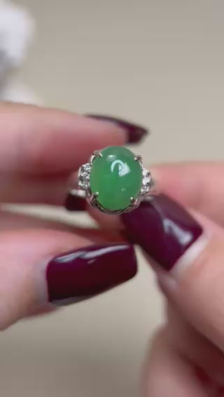 Pt900 Platinum&Jadeite and Diamond Ring | Jadeite 3.23ct | Diamond 0.08ct | Japanese Vintage Estate Jewelry-BPGF