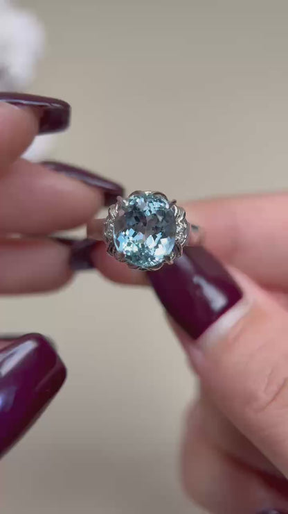 Pt900プラチナ＆アクアマリン＆ダイヤモンドリング｜アクアマリン 3.36ct｜ダイヤモンド 0.04ct｜日本製ヴィンテージエステートジュエリー-BPIY