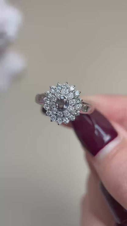 Pt850プラチナ＆アレキサンドライト＆ダイヤモンドリング｜アレキサンドライト0.15ct、ダイヤモンド0.75ct｜カラーチェンジ｜日本製ヴィンテージエステートジュエリー-BJLR