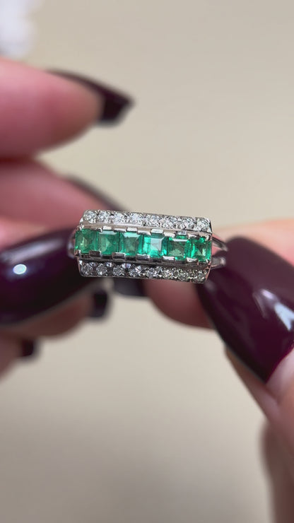 Pt900プラチナ＆エメラルド＆ダイヤモンドリング｜エメラルド0.75カラット｜ダイヤモンド0.16カラット｜日本製ヴィンテージエステートジュエリー-BPNY