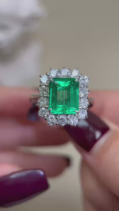 PT900 Platinum & Emerald and Diamond Ring| Emerald 3.87ct | Diamond 1.38ct | Vivid Green-Colombia | Japanese Vintage Estate Jewelry-BFYO