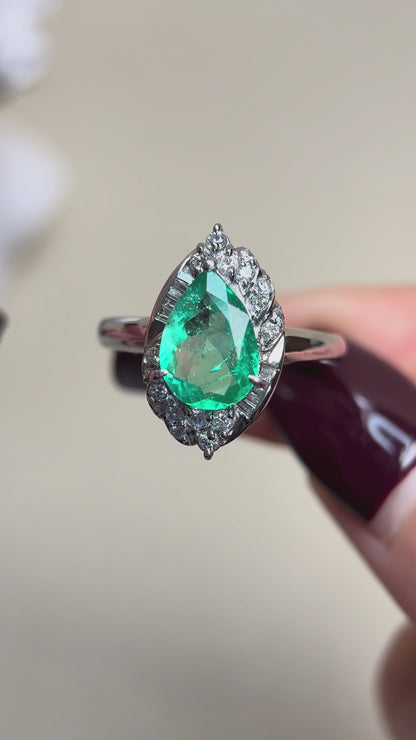 Pt900プラチナ＆エメラルド＆ダイヤモンドリング｜エメラルド1.72カラット｜ダイヤモンド0.38カラット｜日本製ヴィンテージエステートジュエリー-BMPL