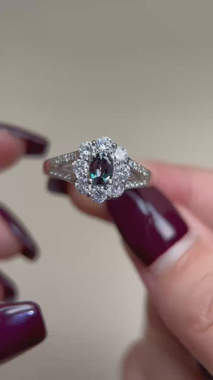 Pt900プラチナ＆アレキサンドライト＆ダイヤモンドリング｜アレキサンドライト0.43ct、ダイヤモンド0.80ct｜カラーチェンジ｜日本製ヴィンテージエステートジュエリー-BGAS