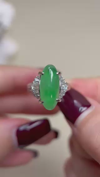 Pt900 Platinum&Jadeite and Diamond Ring | Jadeite 4.73ct | Diamond 0.55ct | Japanese Vintage Estate Jewelry-BQHW