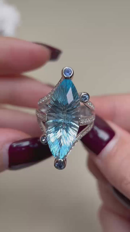 K18 Gold&Blue Topaz and Diamond Ring | Japanese Vintage Estate Jewelry-BONG