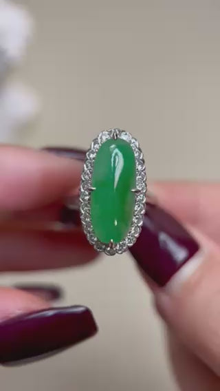 Pm900 Platinum&Jadeite and Diamond Ring | Jadeite |  Diamond 0.52ct | Japanese Vintage Estate Jewelry-BIRV