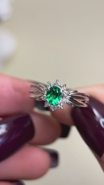 Pt900プラチナ＆エメラルド＆ダイヤモンドリング｜エメラルド0.31ct、ダイヤモンド0.20ct｜日本製ヴィンテージエステートジュエリー-BORK