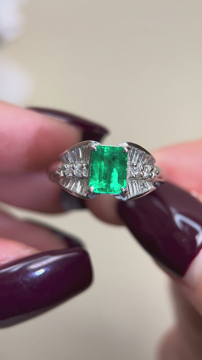 Pt900プラチナ＆エメラルド＆ダイヤモンドリング｜エメラルド1.12ct｜ダイヤモンド0.44ct｜コロンビア産ムゾグリーン｜日本製ヴィンテージエステートジュエリー-BMGP